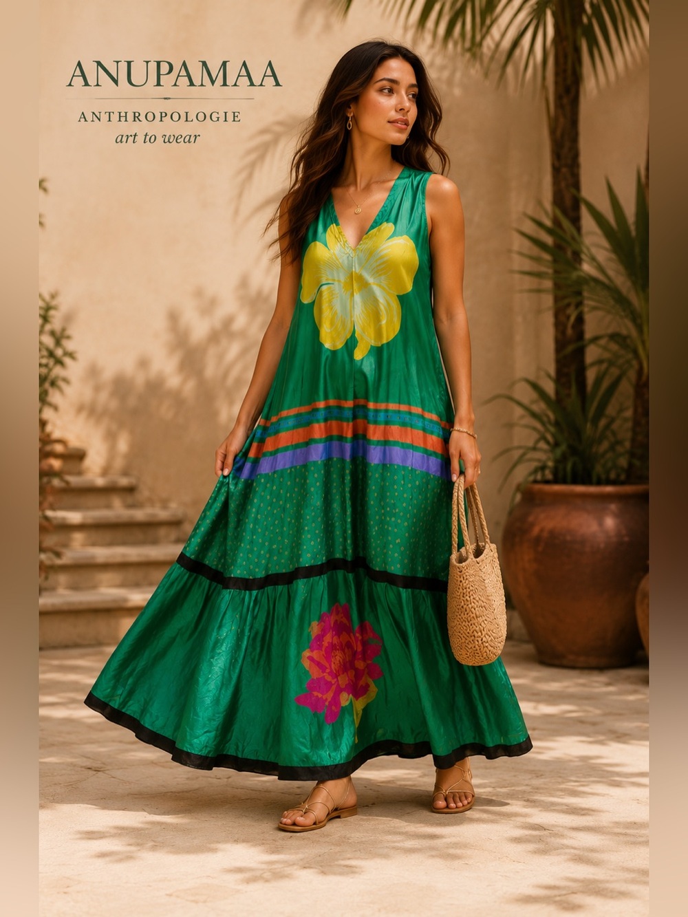 Anupamaa Anthropologie 100% Silk Floral Maxi Dress S Green Art to Wear Resort K